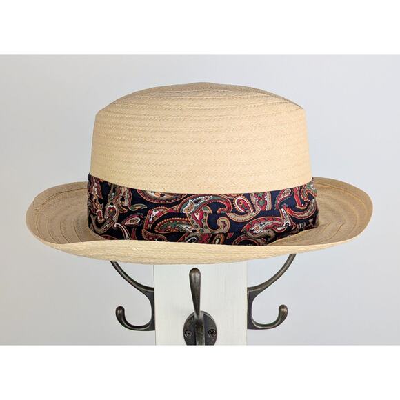 VTG Haband Fedora Hat Medium 22" Natural Straw Blue Paisley Hatband Made in USA - Picture 7 of 9